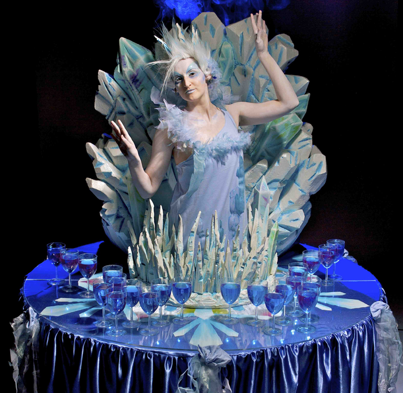 WINTER THEMED PARTIES - ICE QUEEN LIVING DRINKS TABLE PERFORMERS TO HIRE